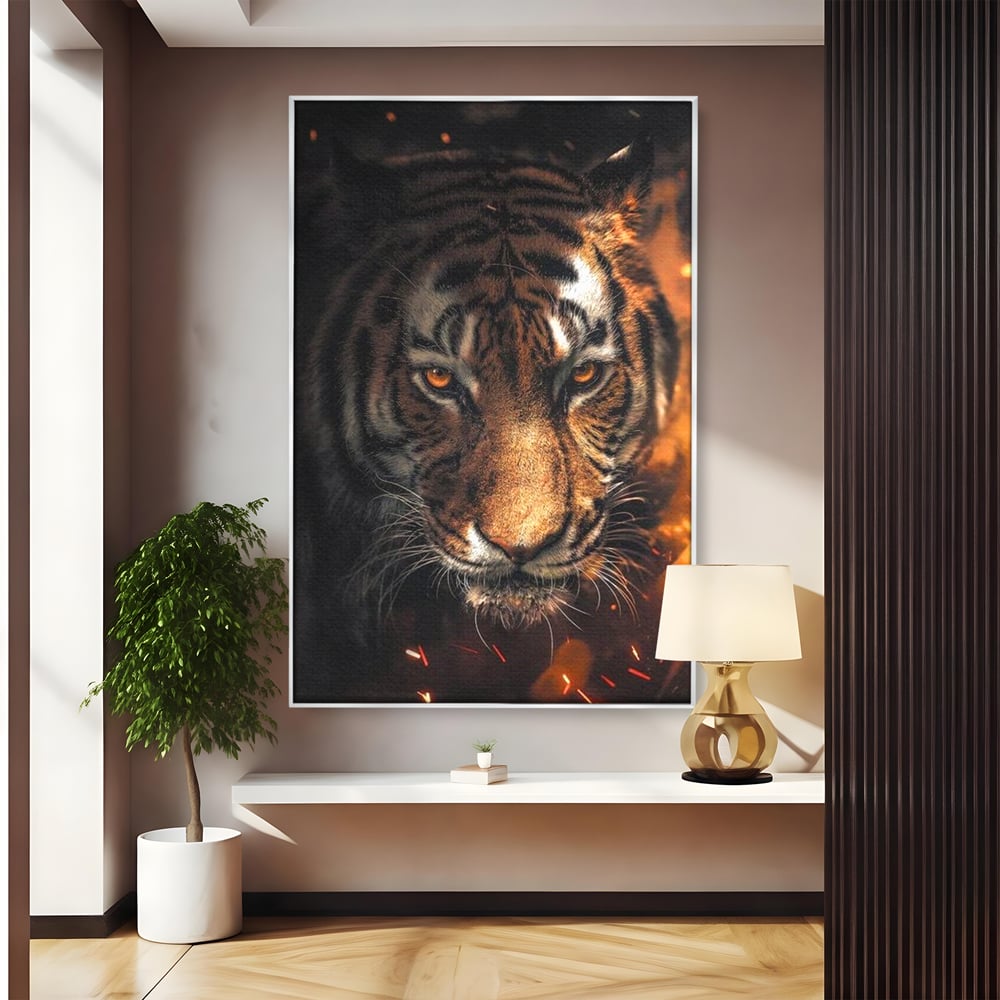 Tablou canvas cu tablou canvas cu cap de tigru si scantei, in rama de aluminiu argintiu